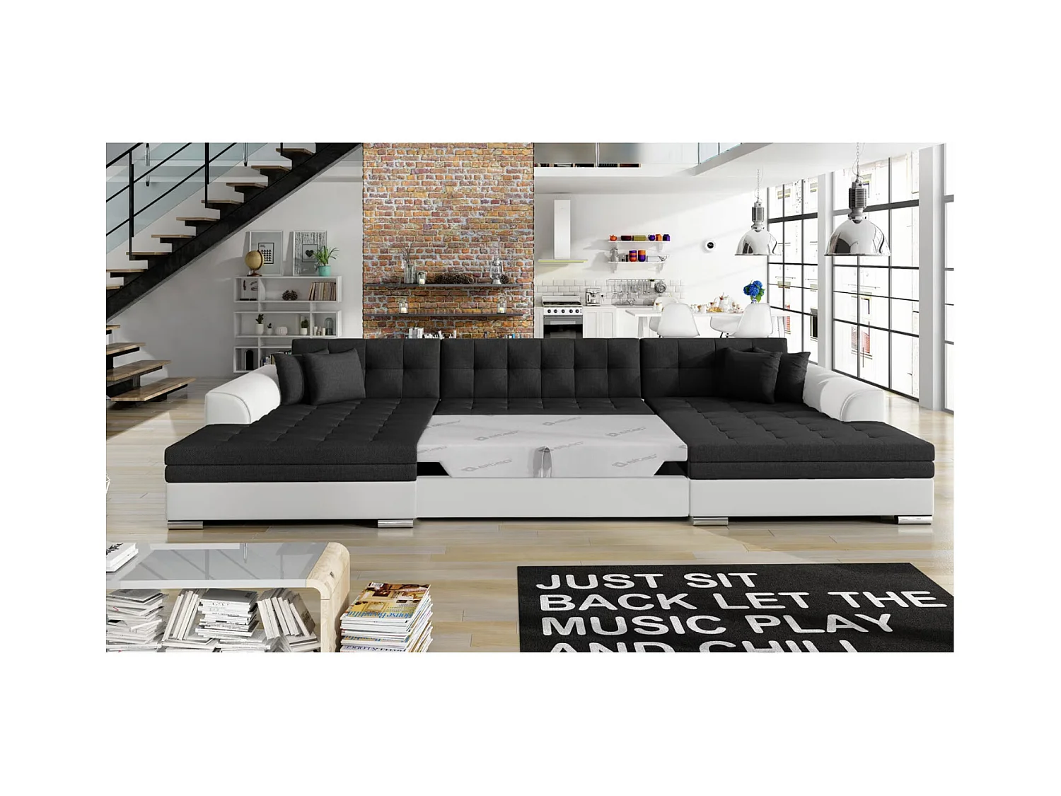 Canapé panoramique convertible VIRA en bi-matiére-Blanc/Noir