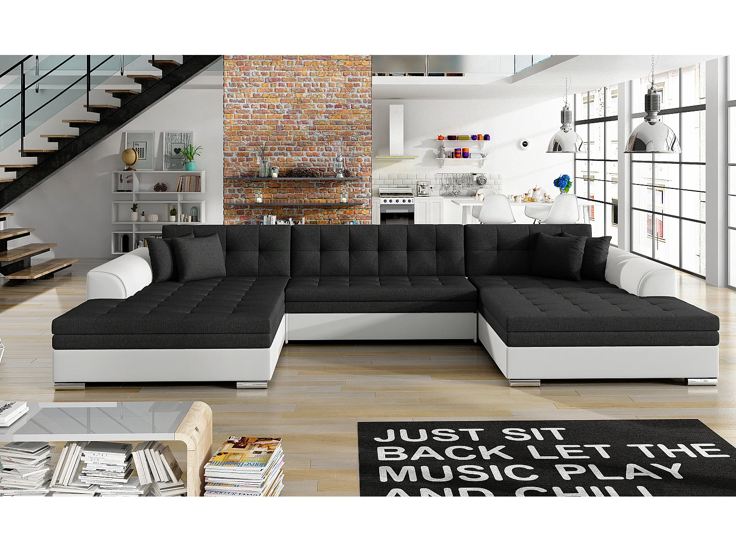 Canapé panoramique convertible VIRA en bi-matiére-Blanc/Noir