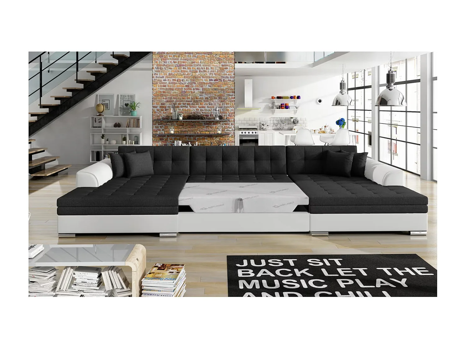 Canapé panoramique convertible VIRA en bi-matiére-Blanc/Noir