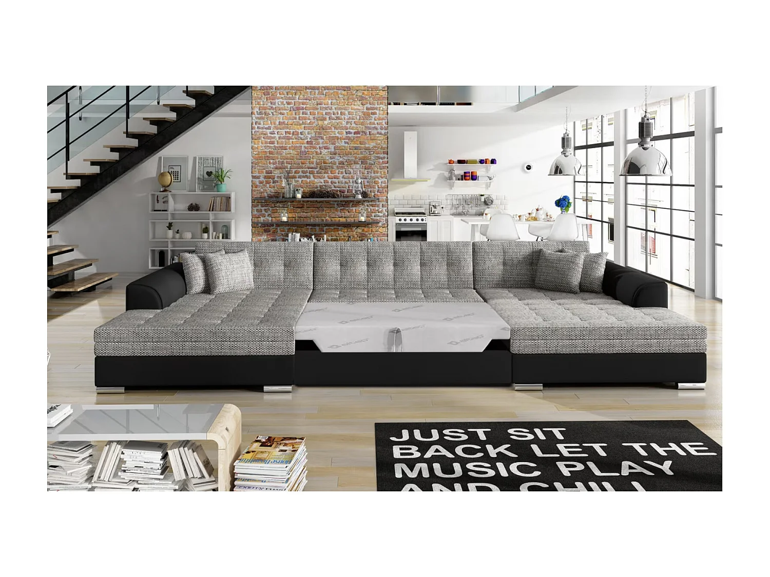 Canapé panoramique convertible VIRA en bi-matiére-Blanc/Noir