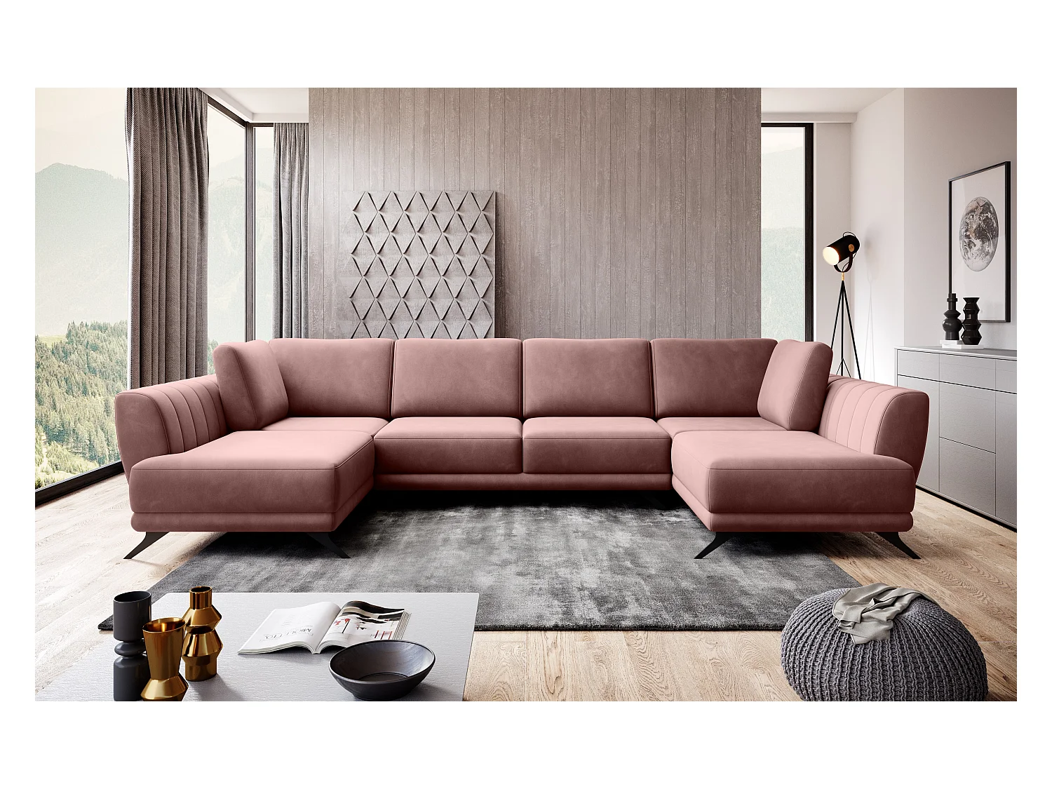 Canapé panoramique LARGOS – Tissu-Rose poudré