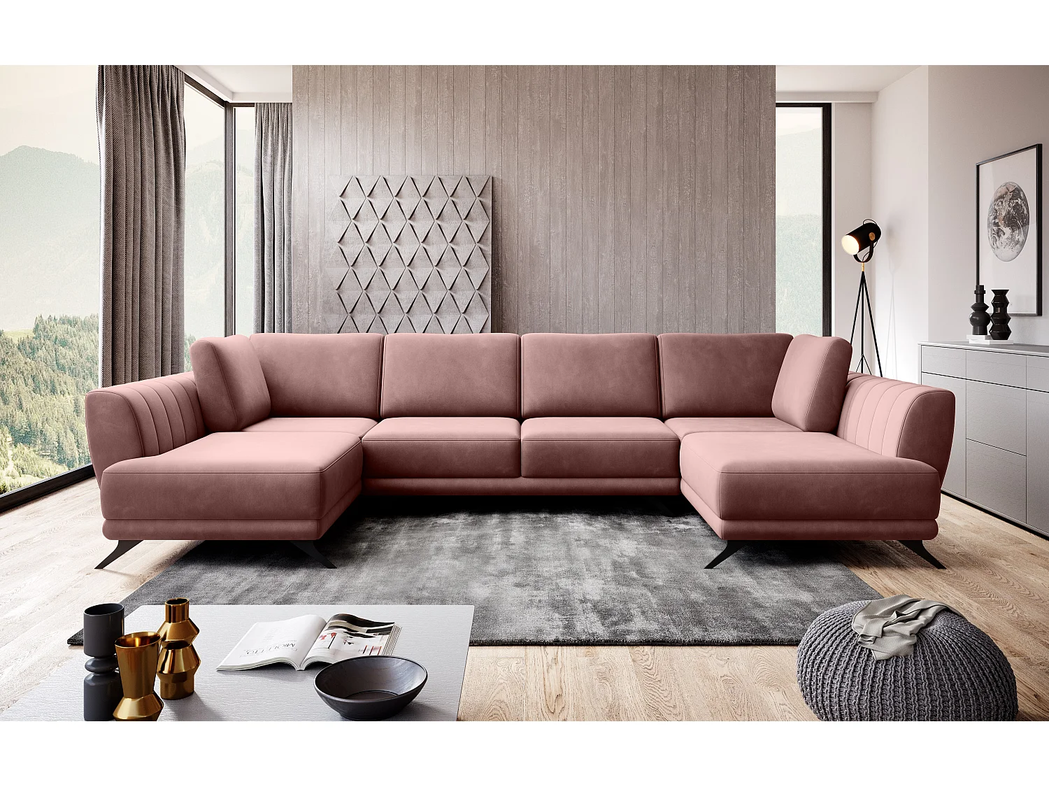 Canapé panoramique LARGOS – Tissu-Rose poudré