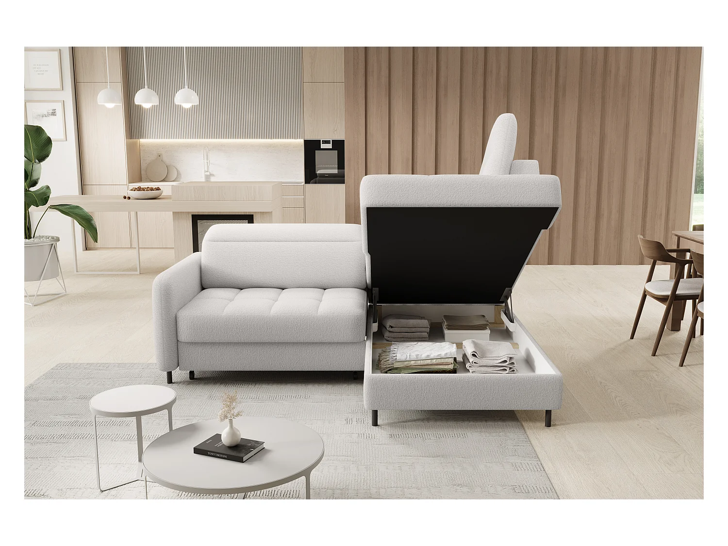 Petit canapé d'angle en tissu convertible avec coffre BOREA 208cm-Blanc-angle droit