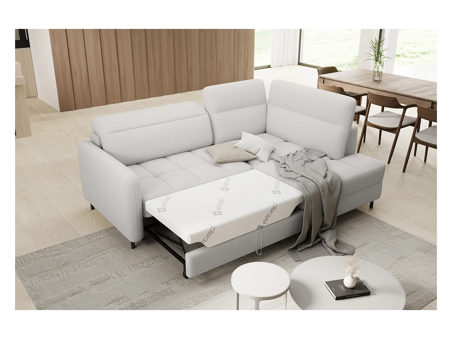 Petit canapé d'angle en tissu convertible avec coffre BOREA 208cm-Blanc-angle droit