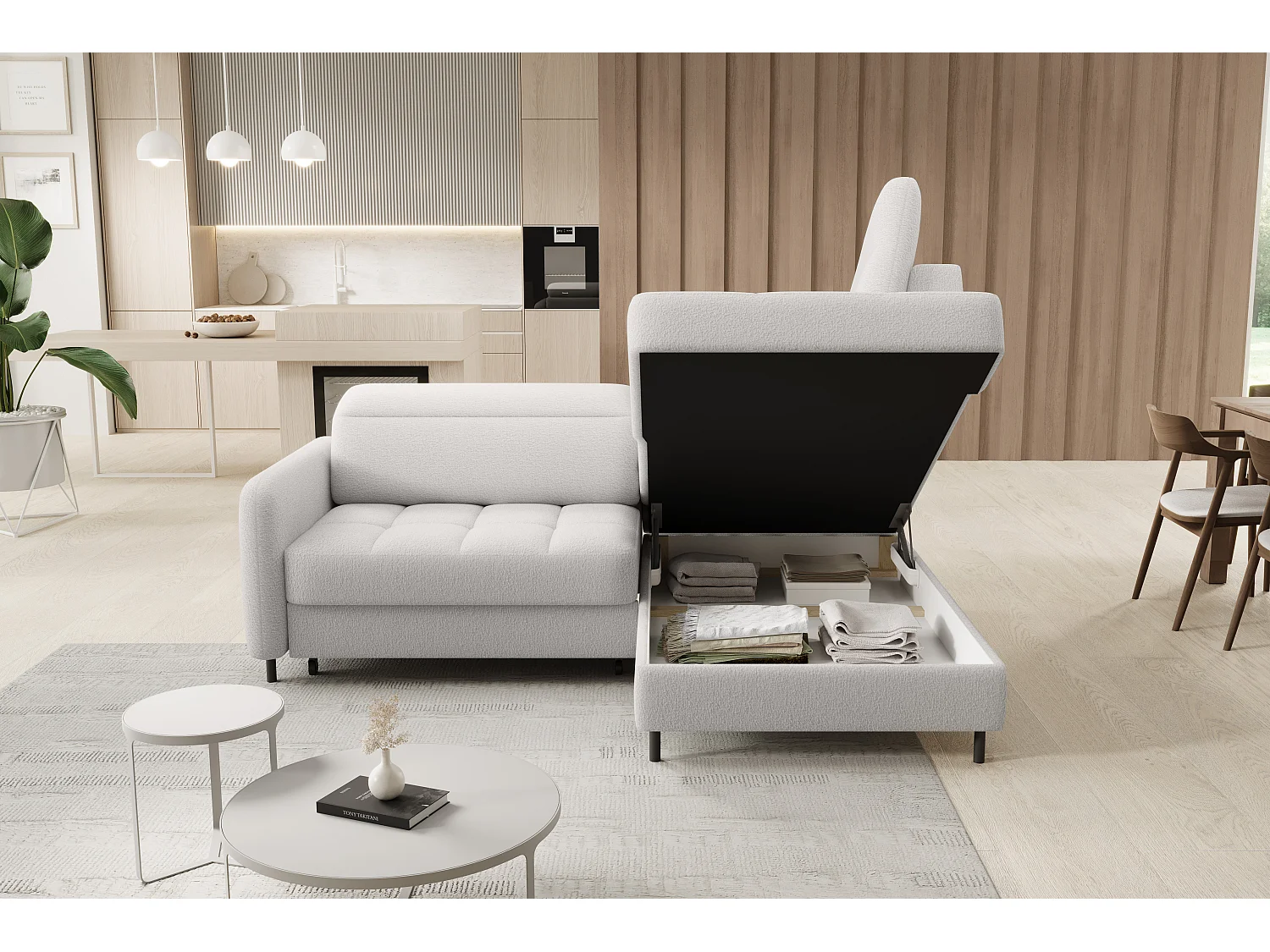 Petit canapé d'angle en tissu convertible avec coffre BOREA 208cm-Blanc-angle droit