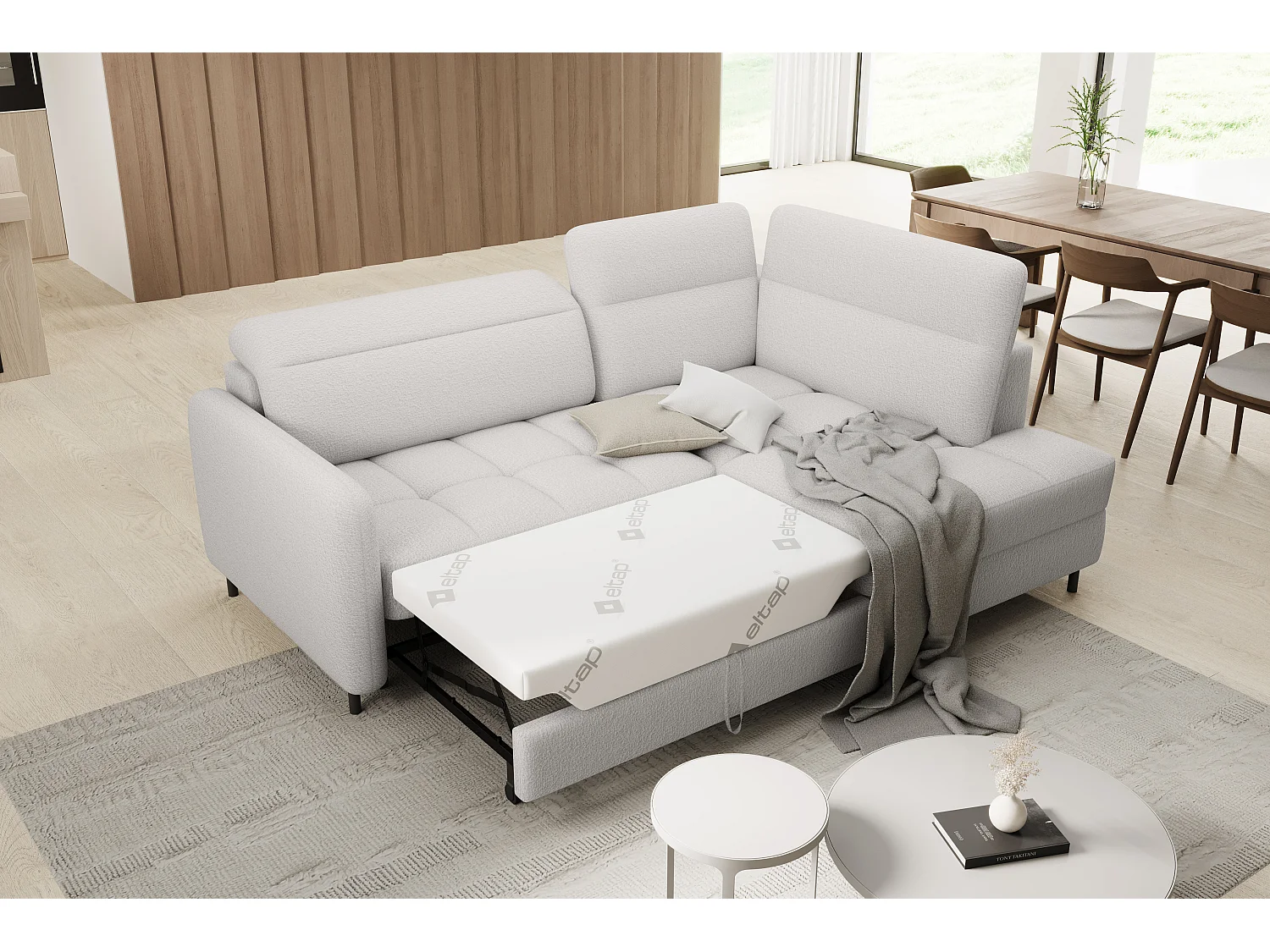 Petit canapé d'angle en tissu convertible avec coffre BOREA 208cm-Blanc-angle droit