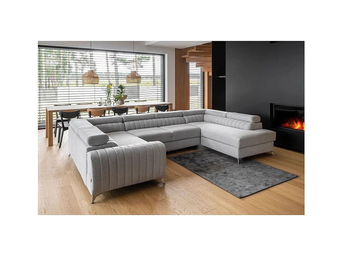 Canapé panoramique convertible LOUVE tissu - Rangement et têtières réglables-Gris perle-Coffre à droite