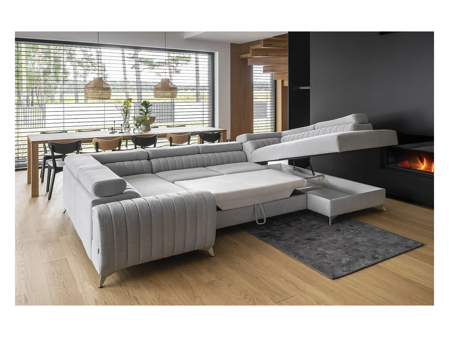 Canapé panoramique convertible LOUVE tissu - Rangement et têtières réglables-Gris perle-Coffre à droite