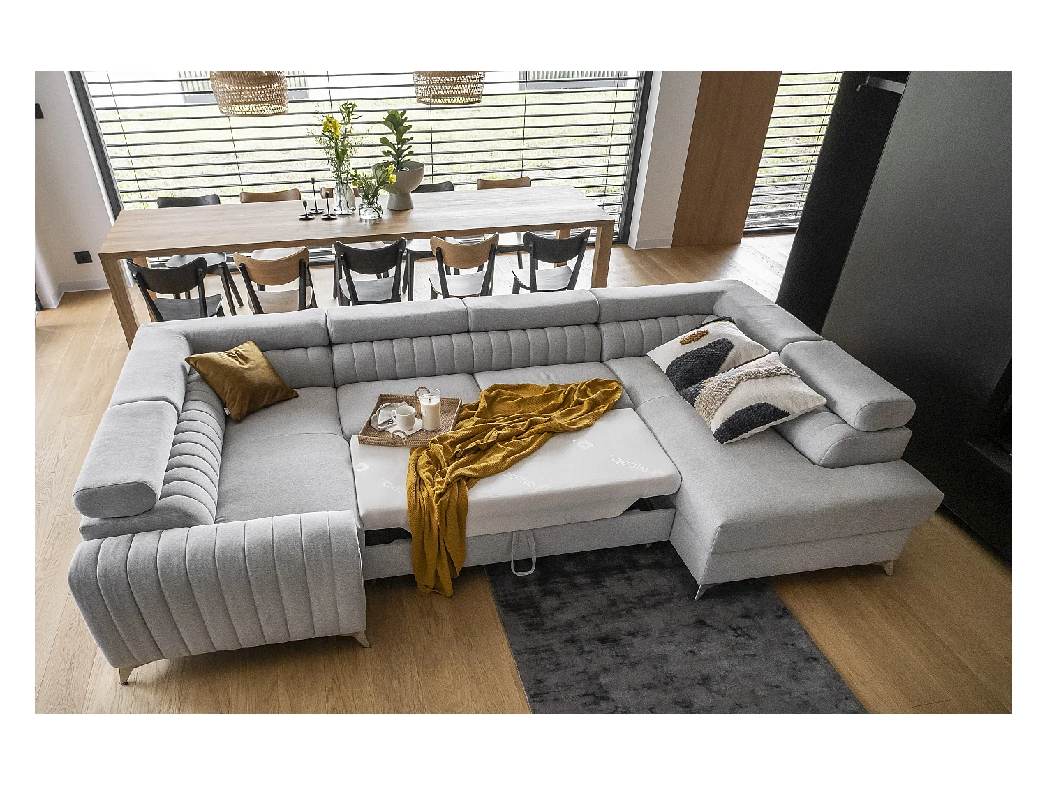 Canapé panoramique convertible LOUVE tissu - Rangement et têtières réglables-Gris perle-Coffre à droite