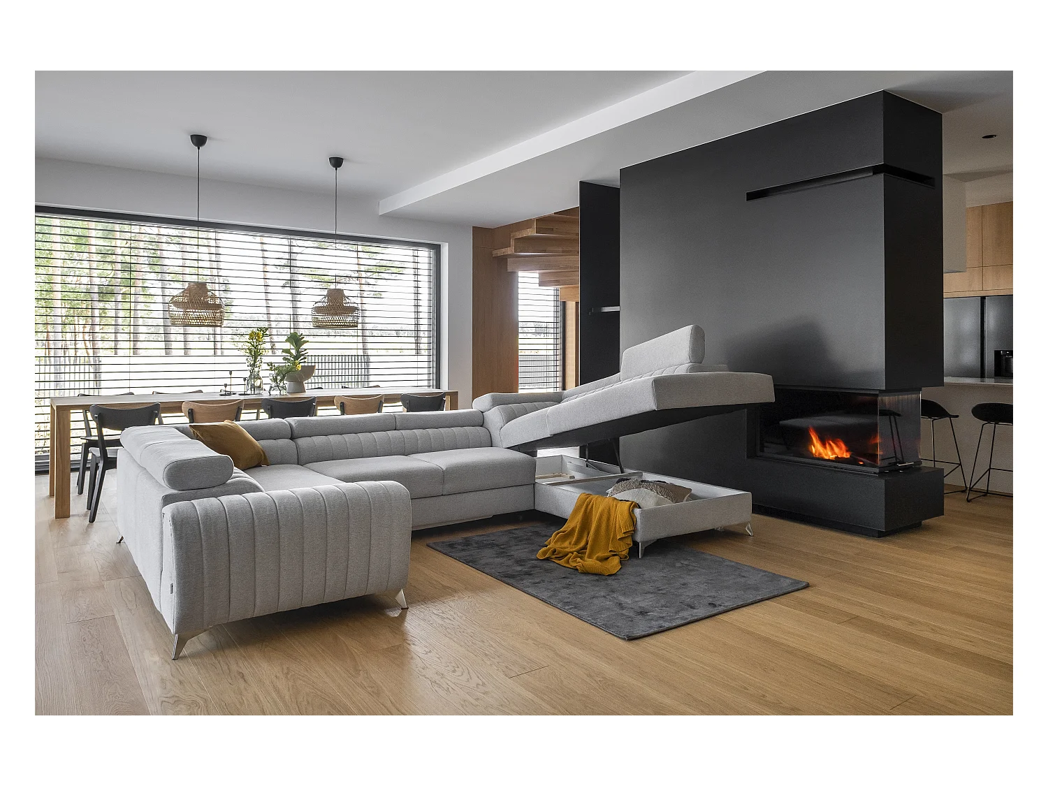 Canapé panoramique convertible LOUVE tissu - Rangement et têtières réglables-Gris perle-Coffre à droite