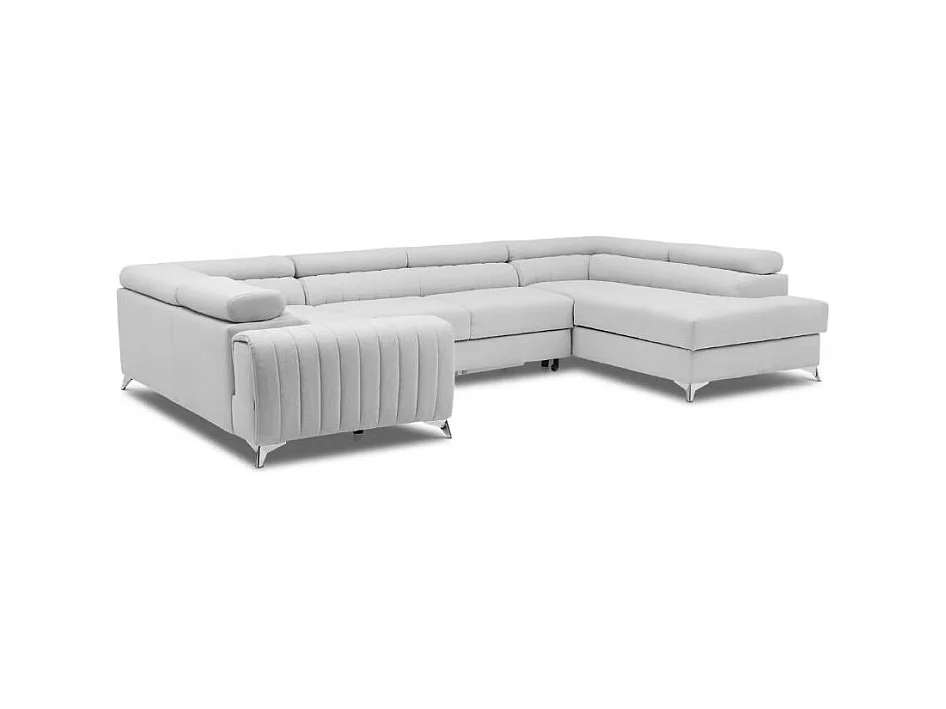 Canapé panoramique convertible LOUVE tissu - Rangement et têtières réglables-Gris perle-Coffre à droite