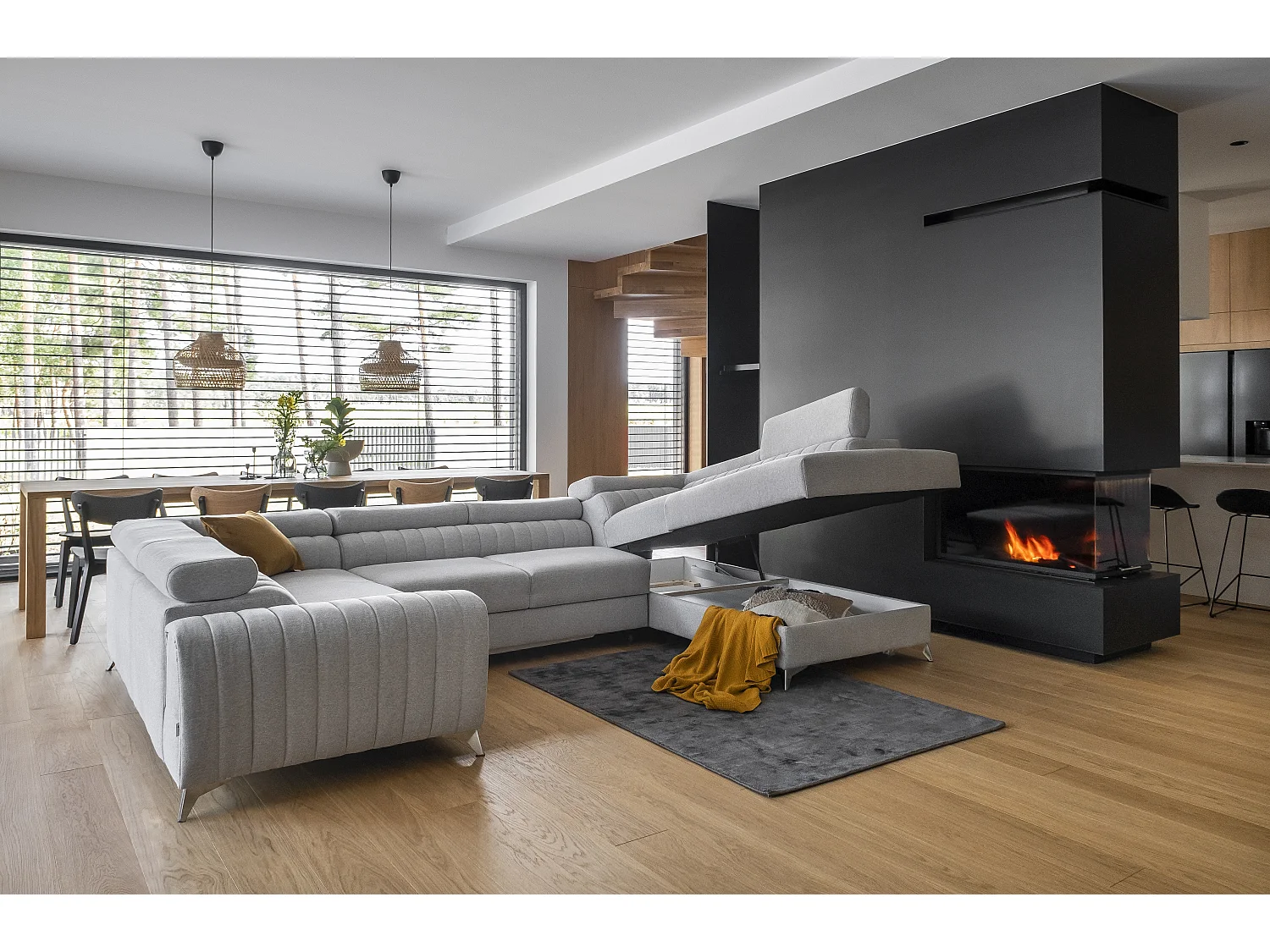 Canapé panoramique convertible LOUVE tissu - Rangement et têtières réglables-Gris perle-Coffre à droite