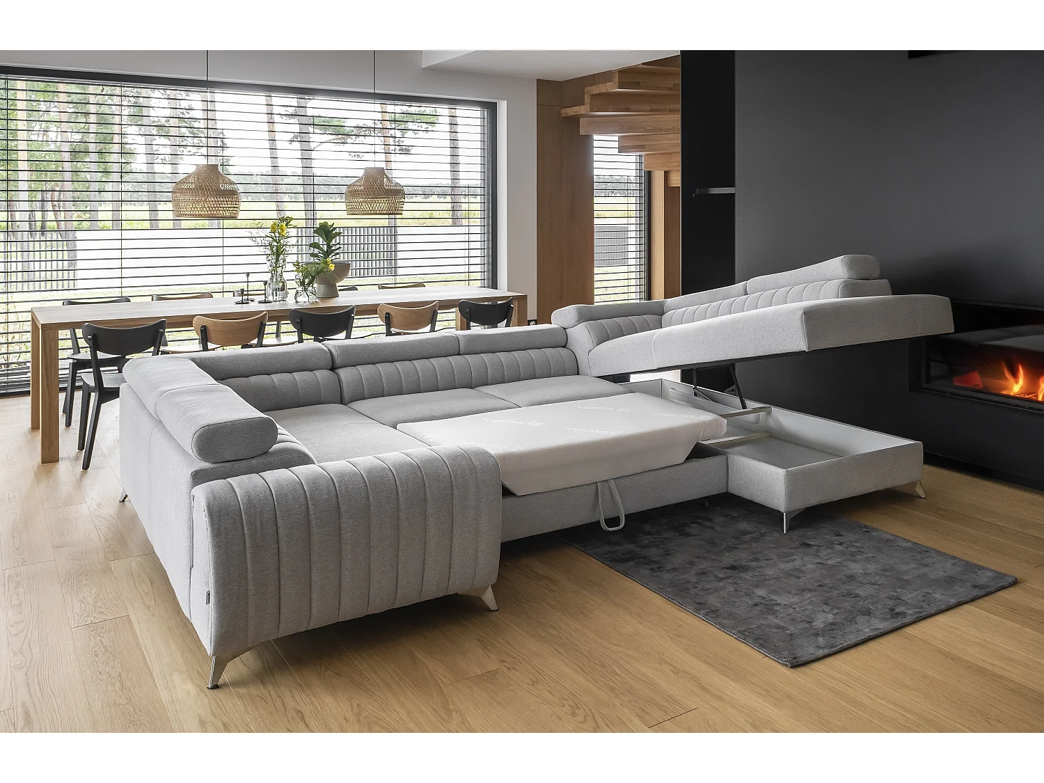 Sofá panorámico convertible de tela LOUVE - Almacenamiento y reposacabezas ajustables-Perla gris-Caja Lado derecho