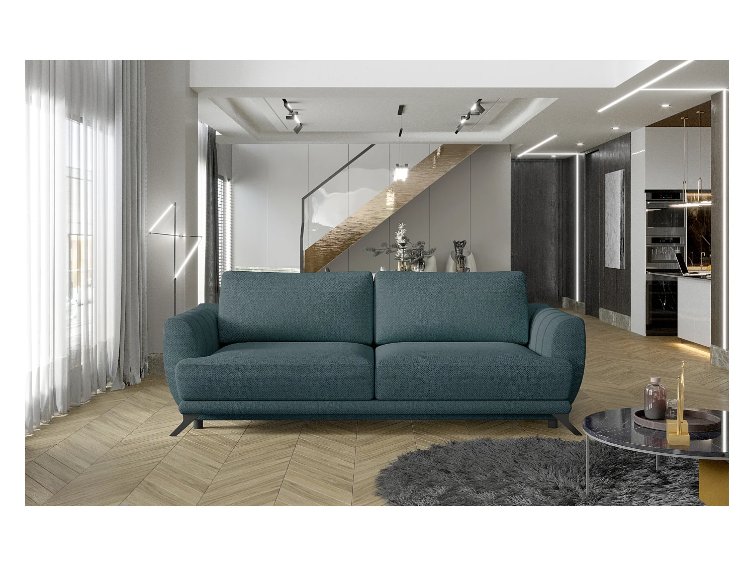 Canapé convertible en tissu MAGY - Design minimaliste avec pieds métal noir-Bleu charron