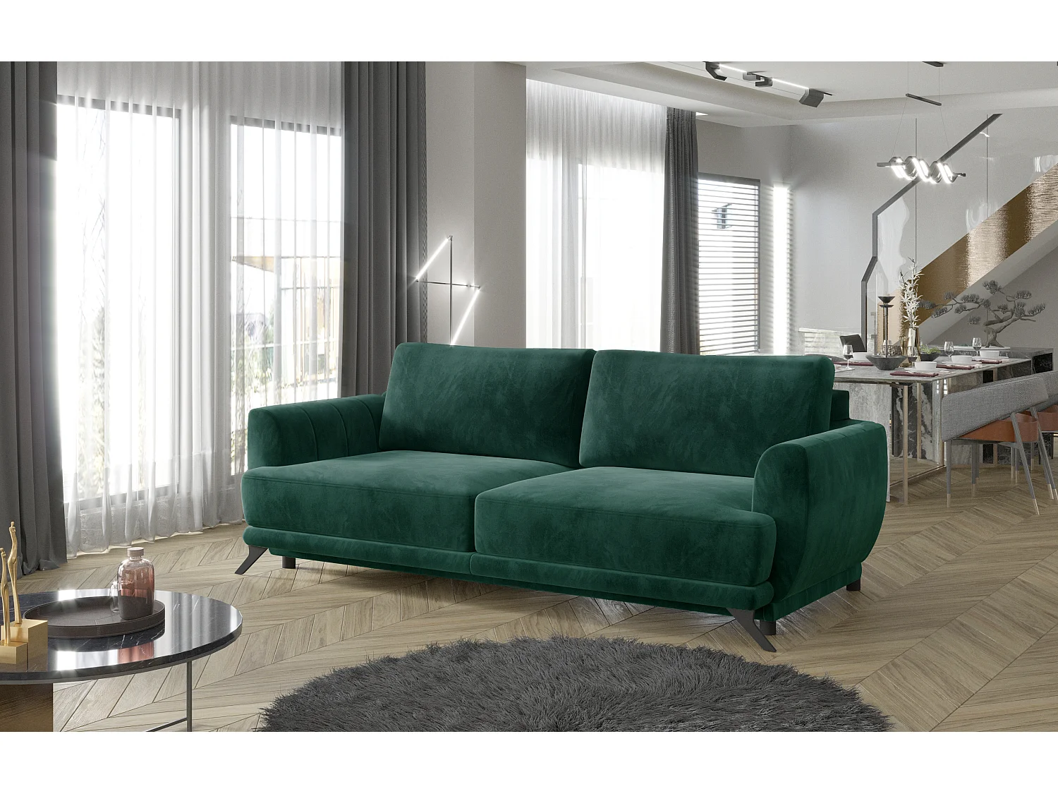 Canapé convertible en tissu MAGY - Design minimaliste avec pieds métal noir-Bleu charron