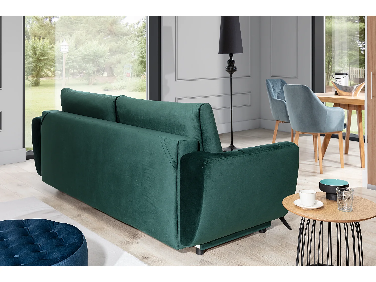 Canapé convertible en tissu MAGY - Design minimaliste avec pieds métal noir-Bleu charron