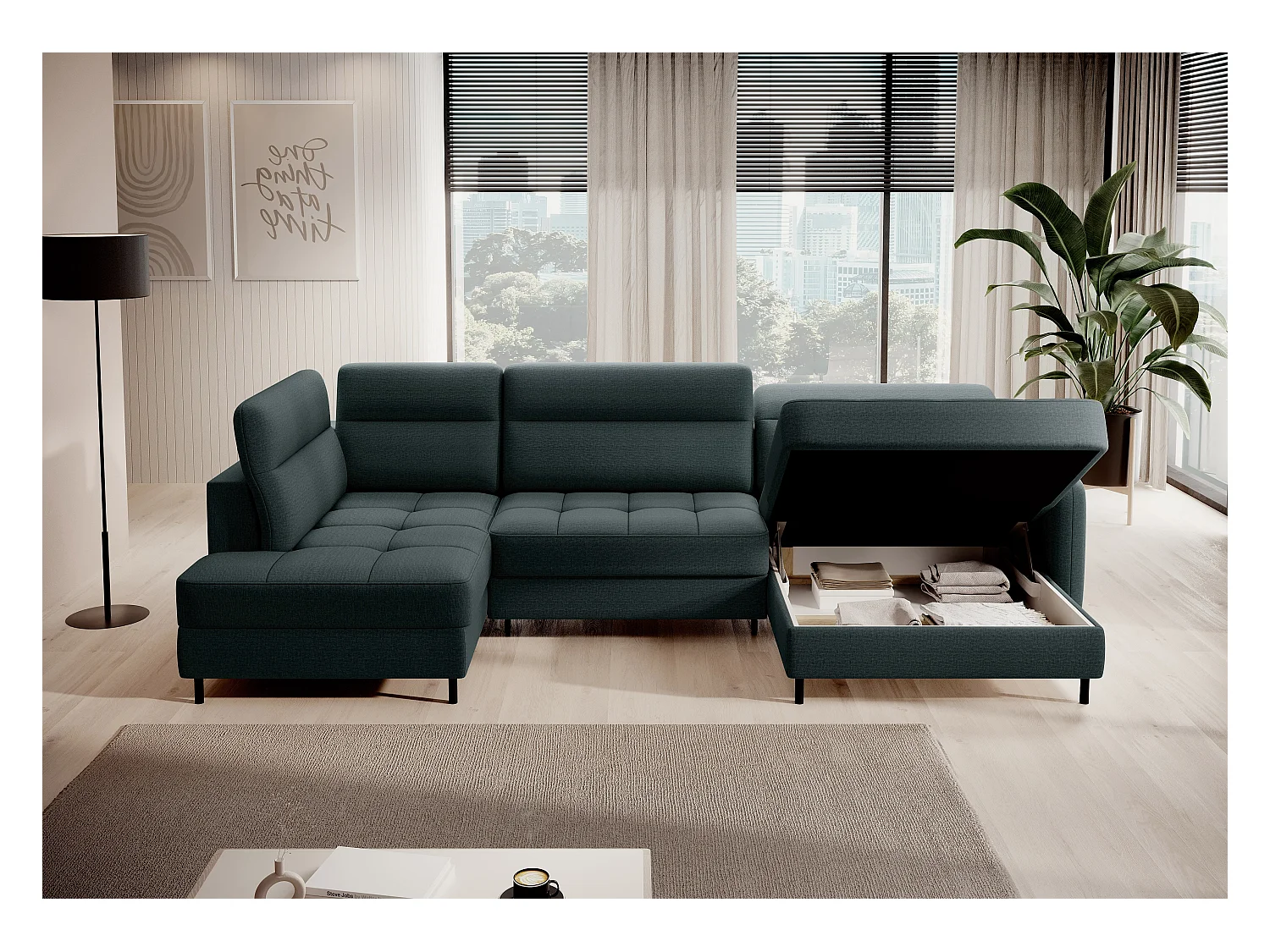 BENTO converteerbare panoramische stoffen bank met opbergvak-Kleur Keizerlijk Groen-juiste hoek