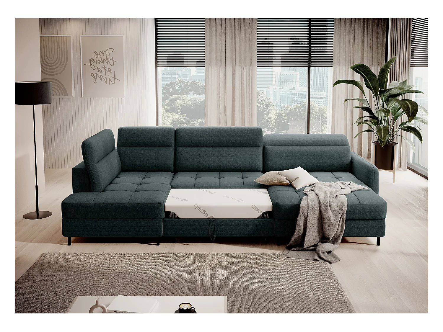 BENTO converteerbare panoramische stoffen bank met opbergvak-Kleur Keizerlijk Groen-juiste hoek