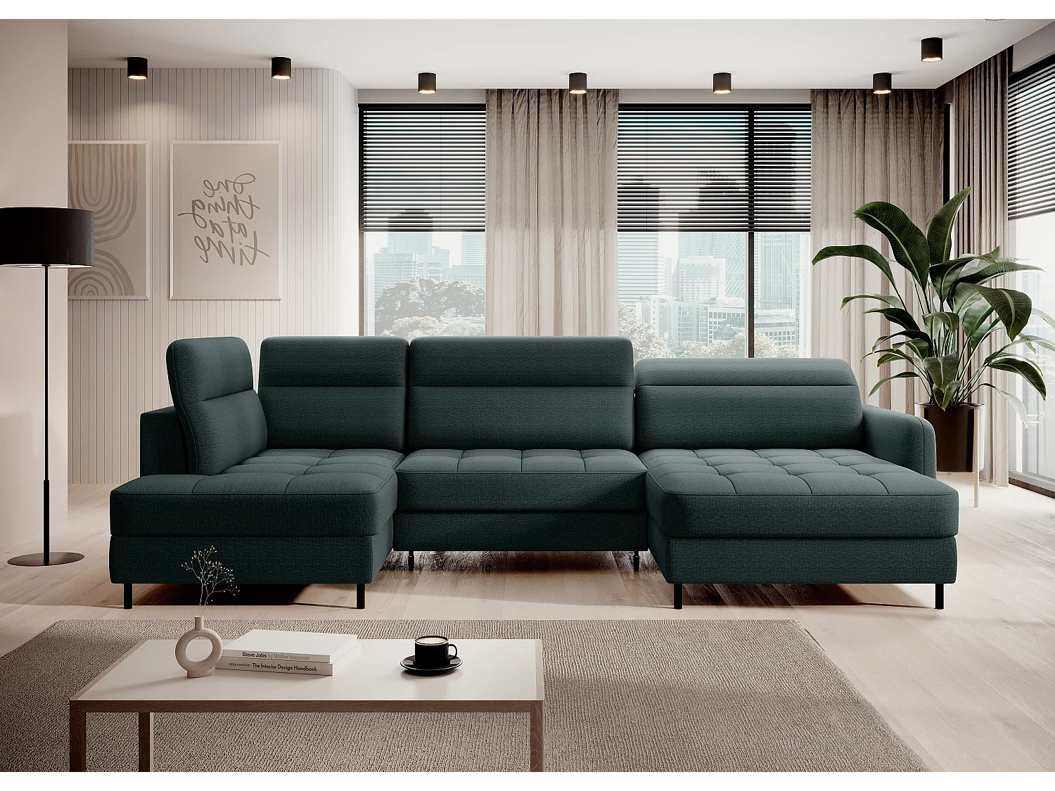 Canapé panoramique convertible BENTO en tissu avec coffre de rangement-Vert impérial-angle droit