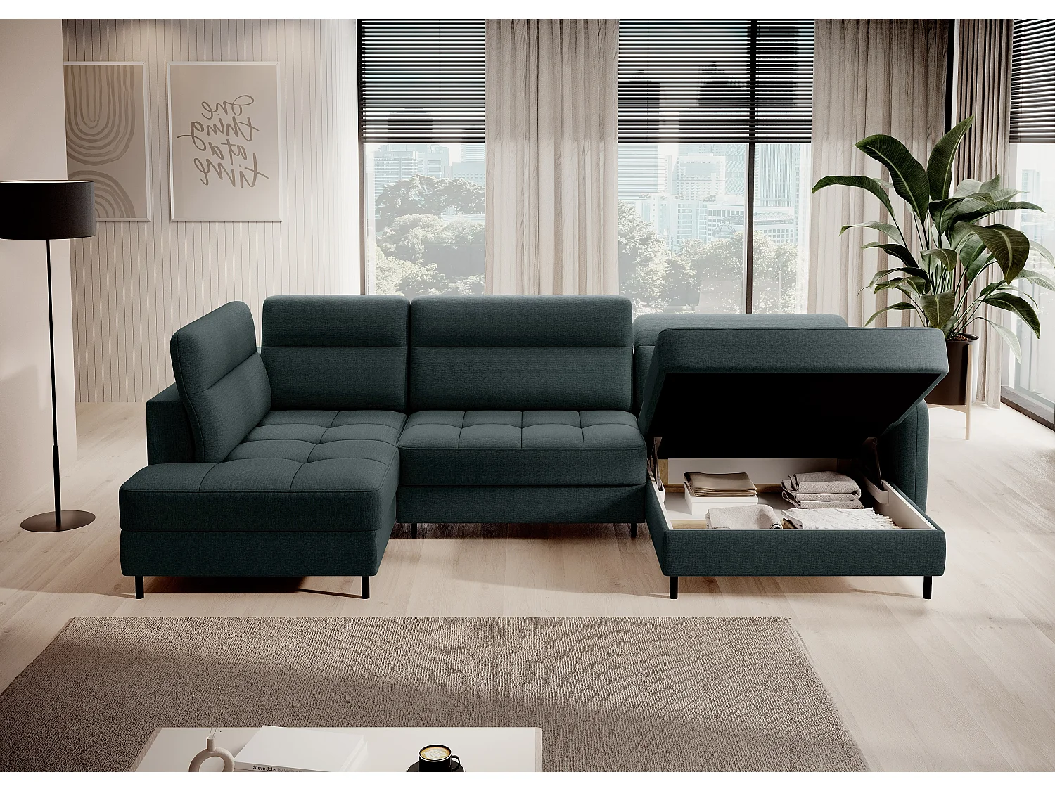 Canapé panoramique convertible BENTO en tissu avec coffre de rangement-Vert impérial-angle droit