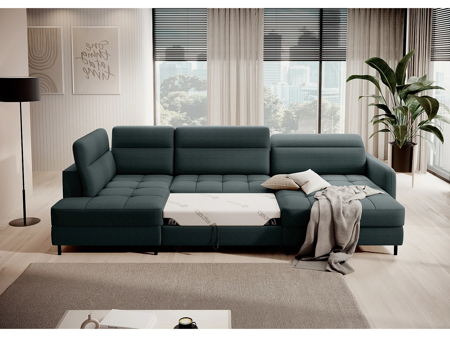 Canapé panoramique convertible BENTO en tissu avec coffre de rangement-Vert impérial-angle droit