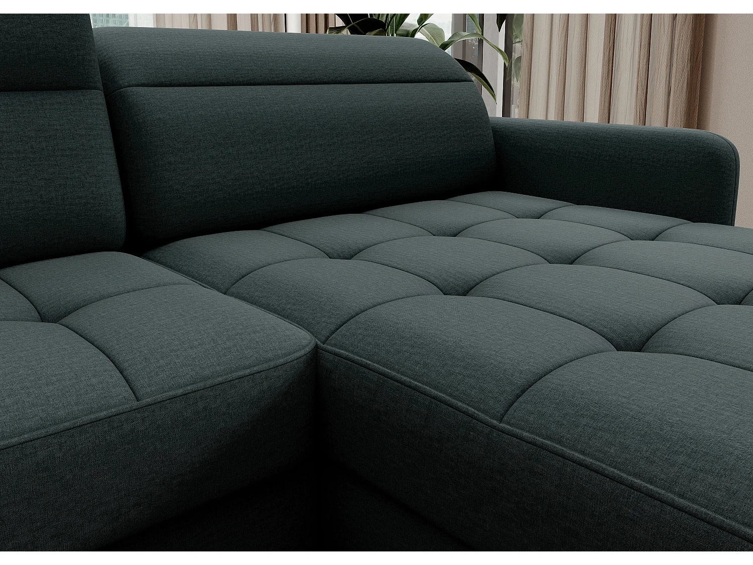 Canapé panoramique convertible BENTO en tissu avec coffre de rangement-Vert impérial-angle droit