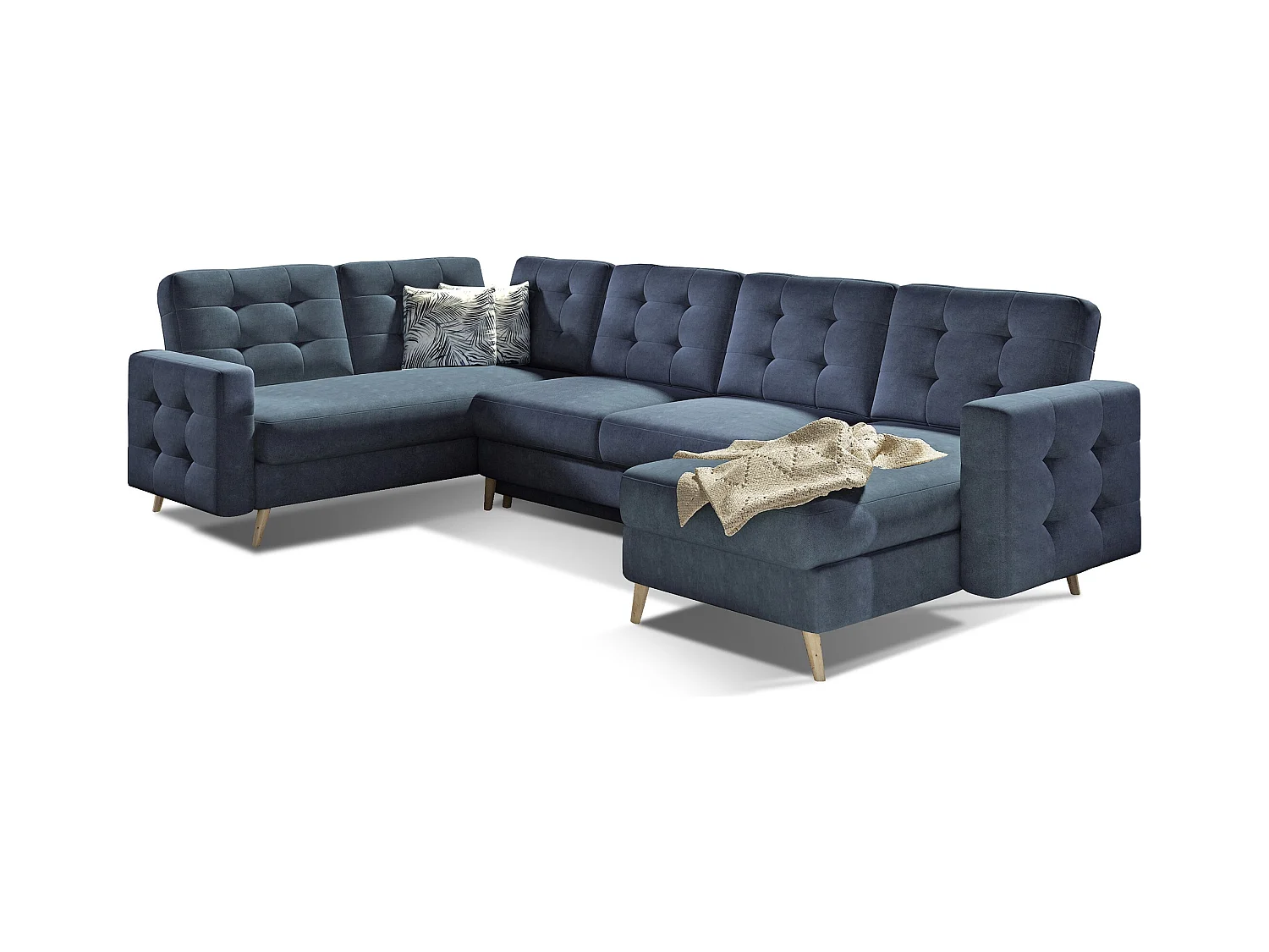 Canapé panoramique convertible ANSKA en tissu - Pieds bois naturel-Bleu turquin