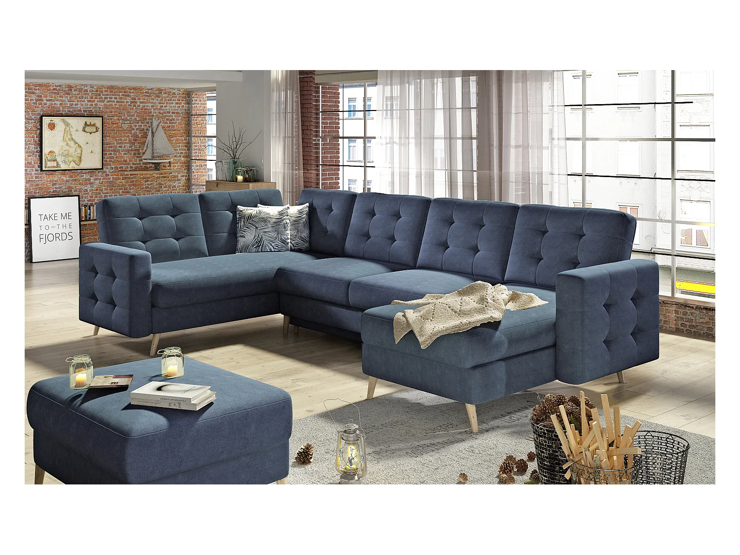 Canapé panoramique convertible ANSKA en tissu - Pieds bois naturel-Bleu turquin