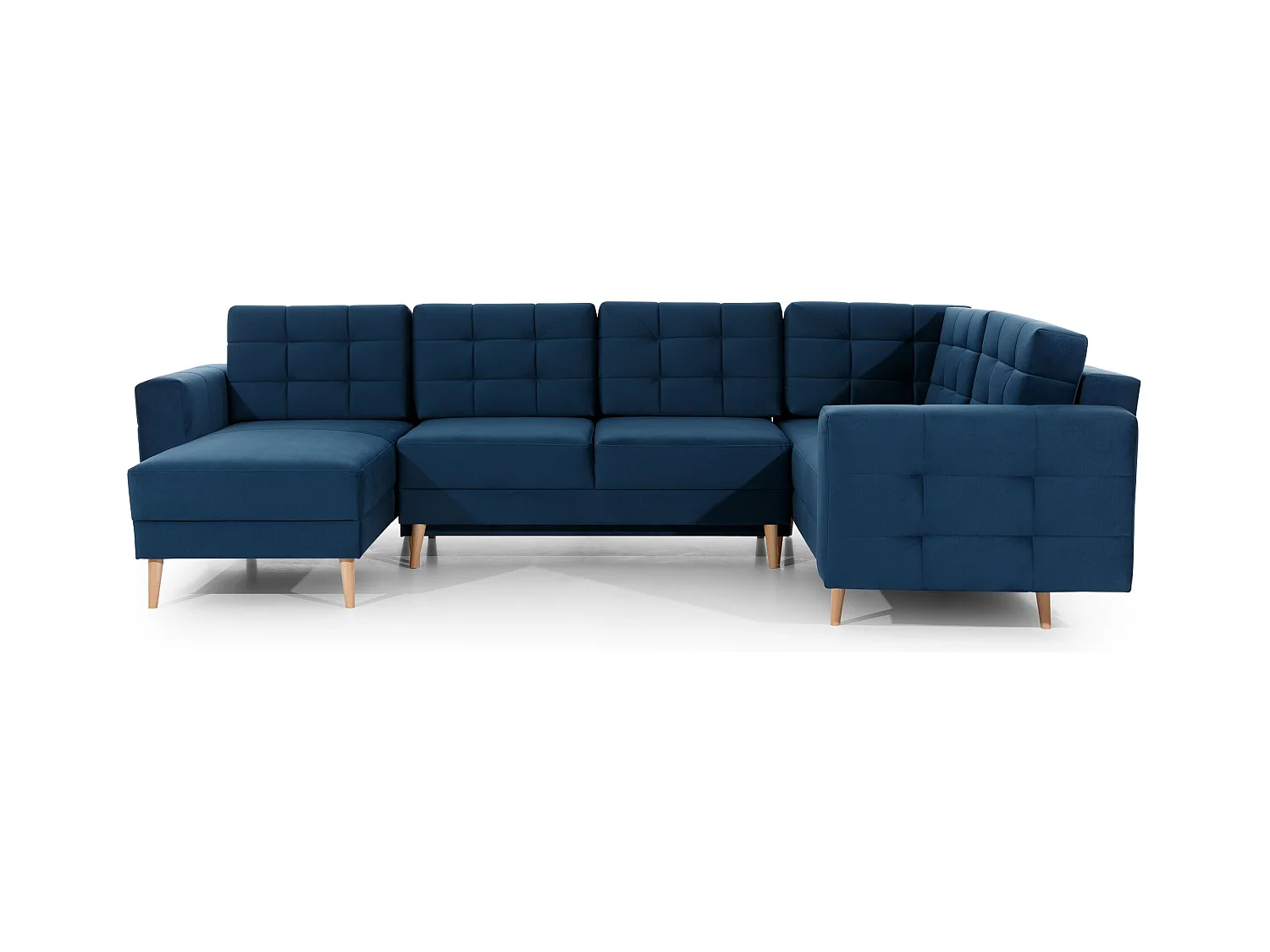 Canapé panoramique convertible ANSKA en tissu - Pieds bois naturel-Bleu turquin