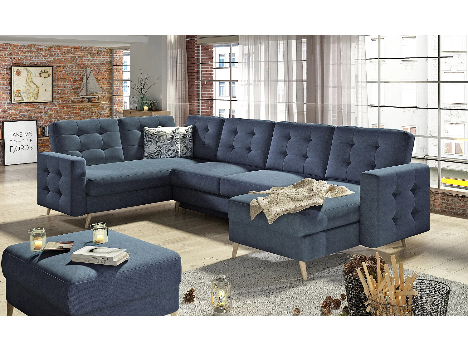 Canapé panoramique convertible ANSKA en tissu - Pieds bois naturel-Bleu turquin