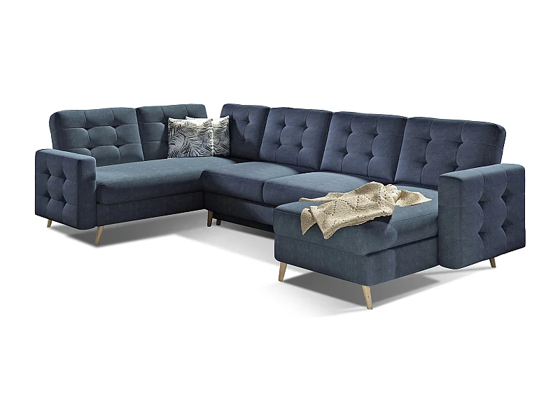 Canapé panoramique convertible ANSKA en tissu - Pieds bois naturel-Bleu turquin