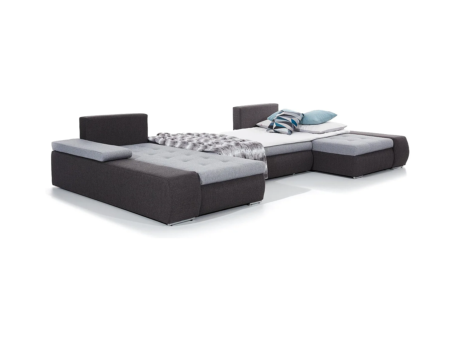 Canapé panoramique convertible TINO bi-matière avec rangement-Gris foncé/Gris