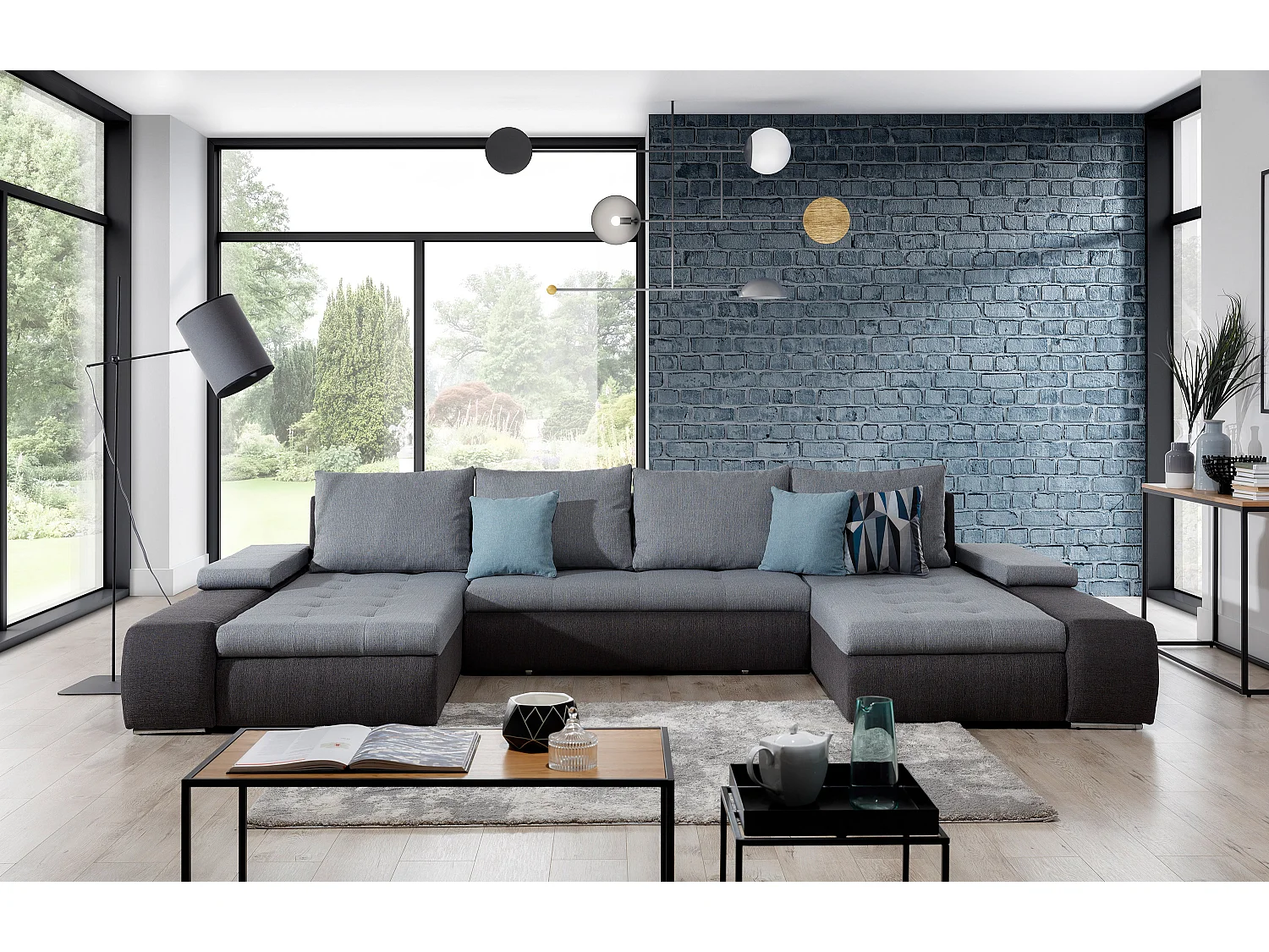 Canapé d'angle panoramique convertible 6 places en tissu gris foncé TINO