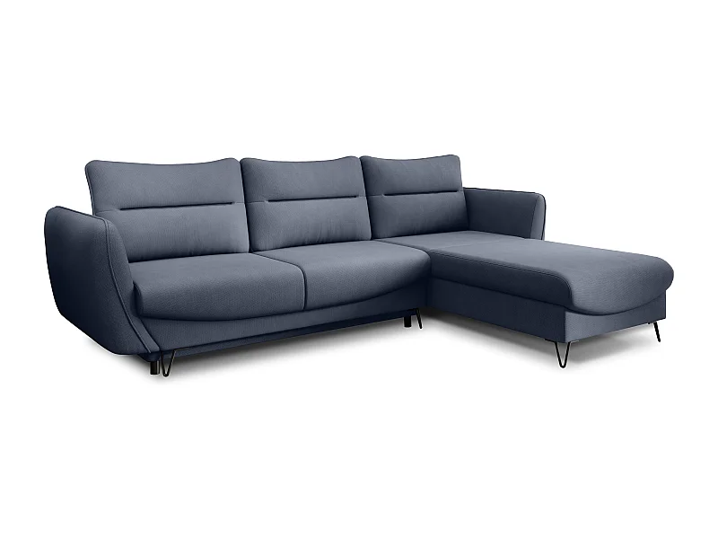 Canapé d'angle convertible tissu ZURIK - Coffre de rangement et pieds métal noir-Bleu turquin-angle droit