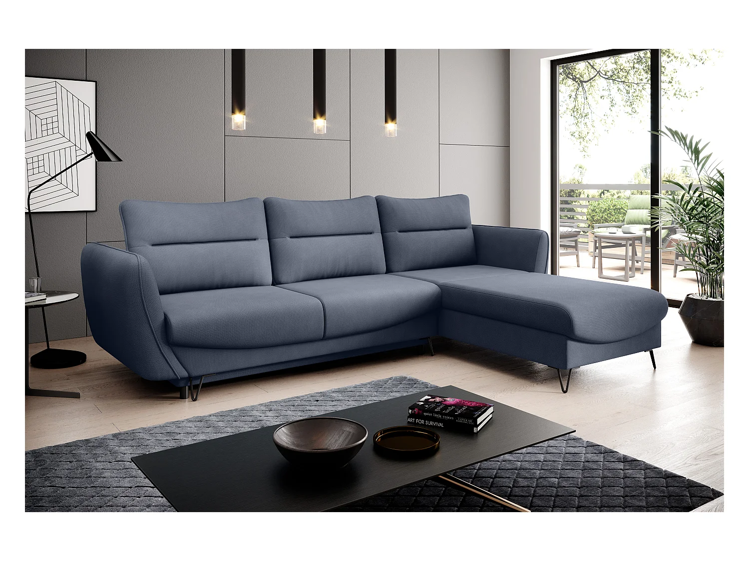 Canapé d'angle convertible tissu ZURIK - Coffre de rangement et pieds métal noir-Bleu turquin-angle droit