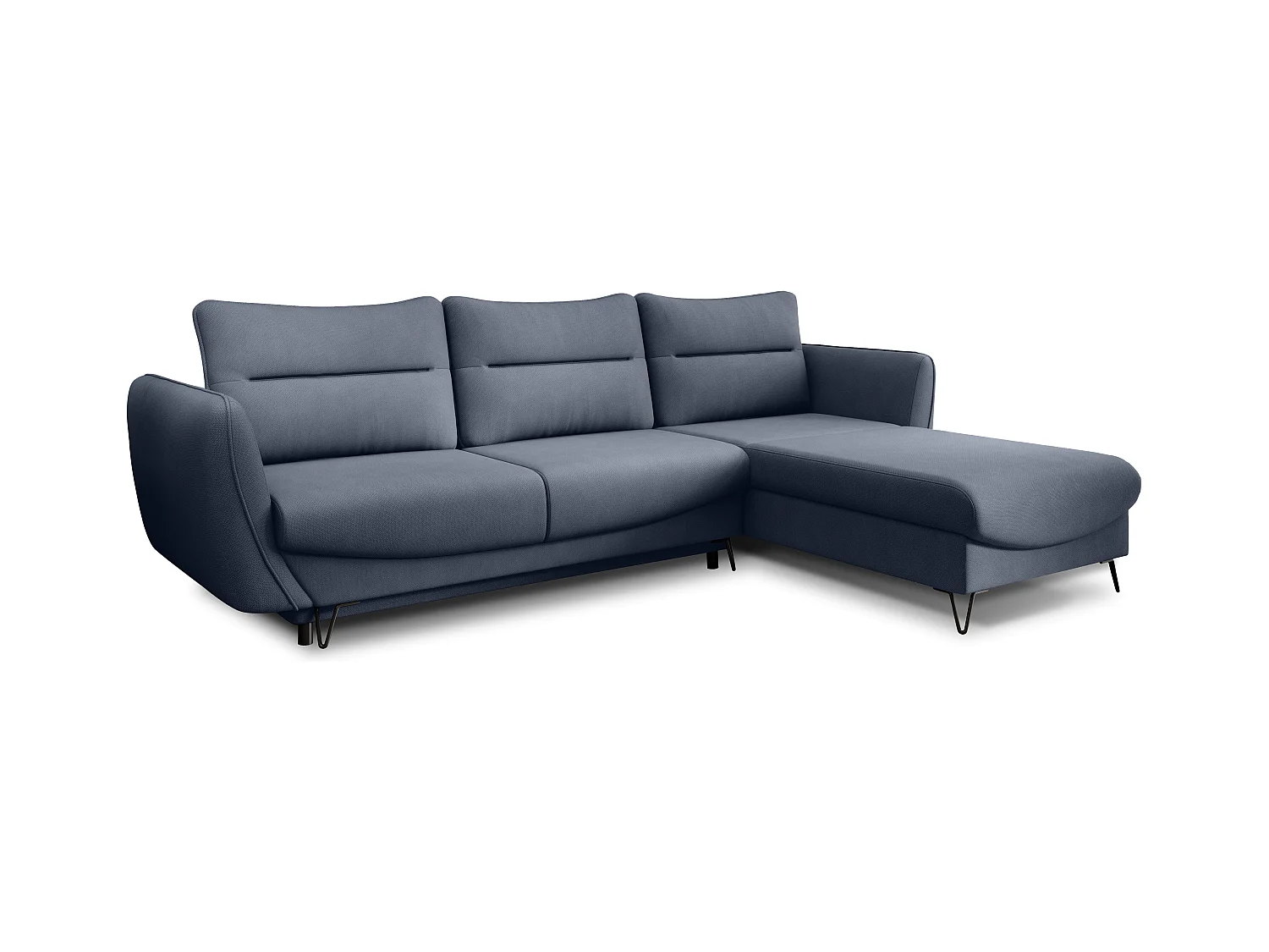 Canapé d'angle convertible tissu ZURIK - Coffre de rangement et pieds métal noir-Bleu turquin-angle droit