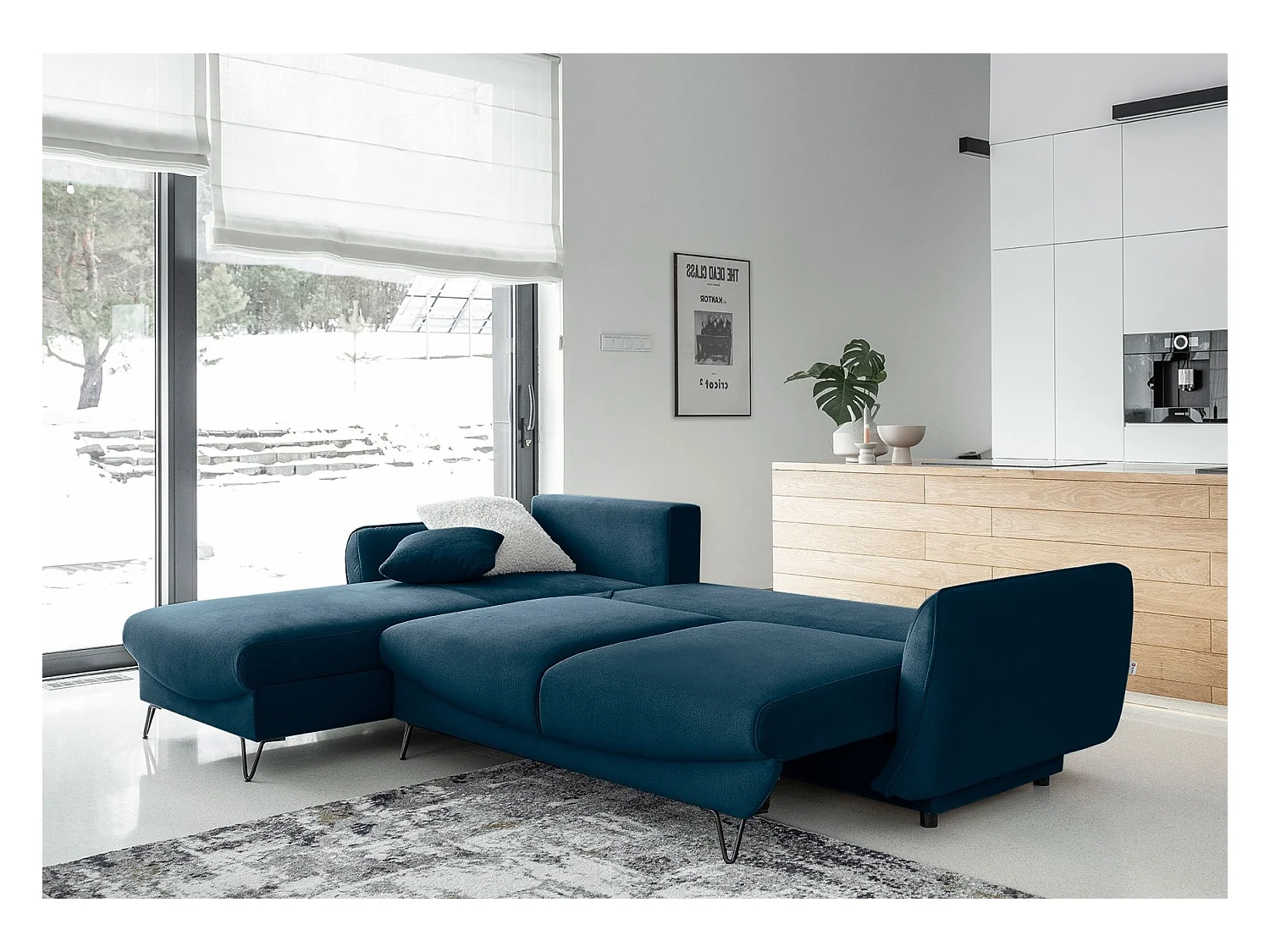 Canapé d'angle convertible tissu ZURIK - Coffre de rangement et pieds métal noir-Bleu turquin-angle droit
