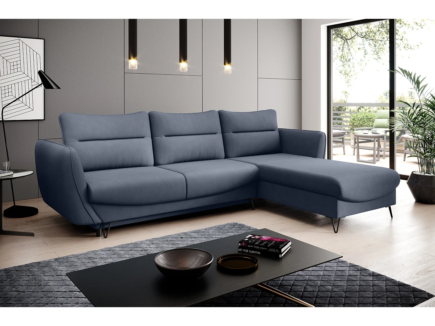 Canapé d'angle convertible tissu ZURIK - Coffre de rangement et pieds métal noir-Bleu turquin-angle droit