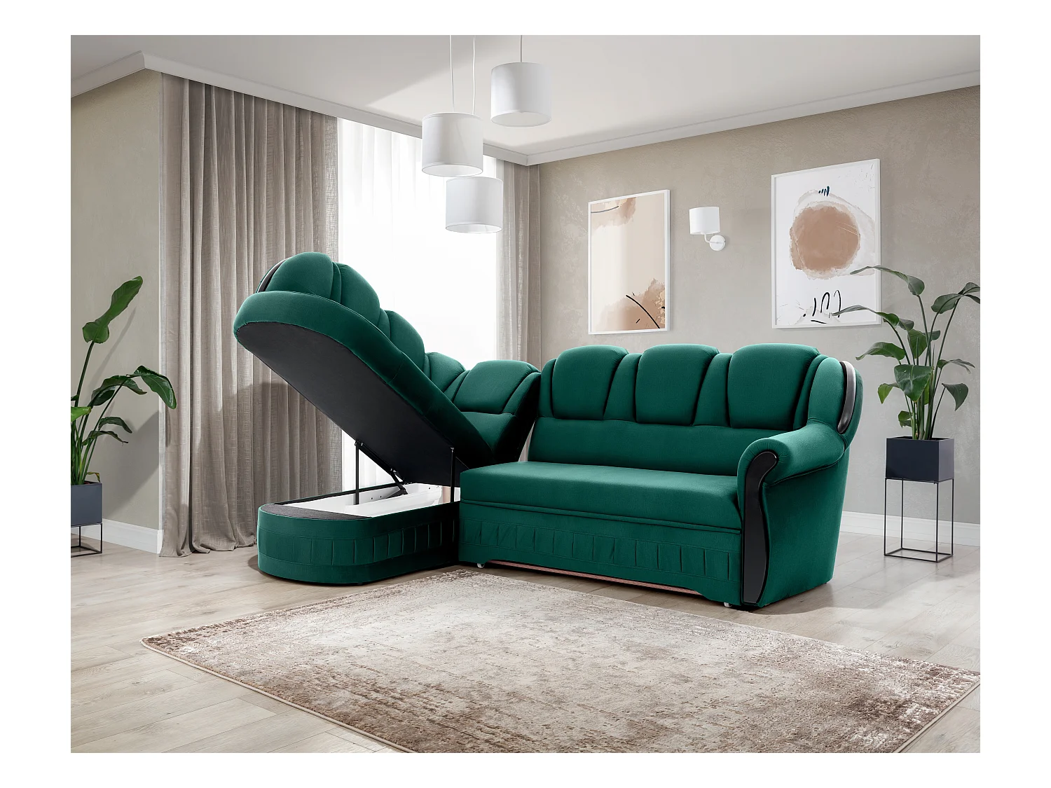 Canapé d'angle convertible avec rangement en velours Majesté-Vert-angle gauche