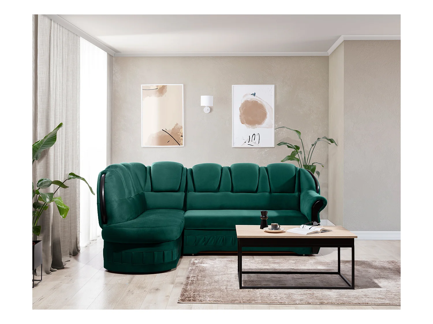 Canapé d'angle convertible avec rangement en velours Majesté-Vert-angle gauche