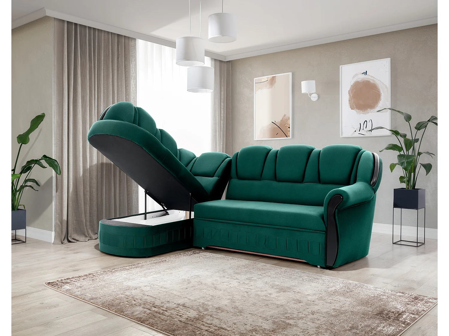 Canapé d'angle convertible avec rangement en velours Majesté-Vert-angle gauche