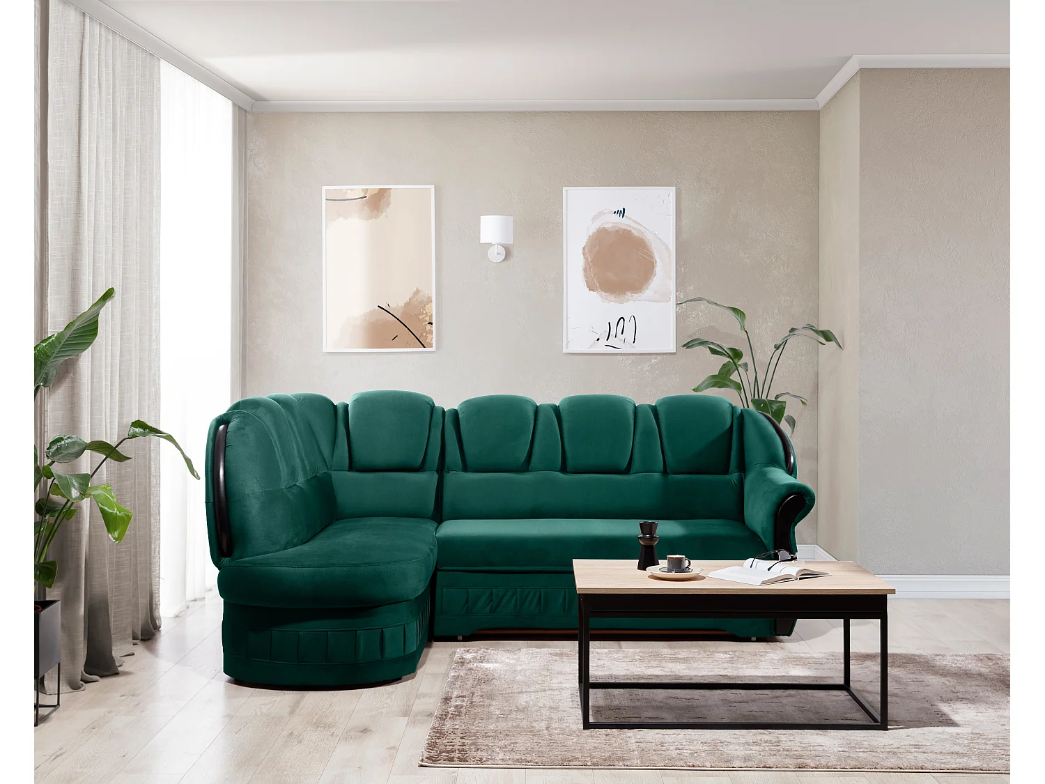 Canapé d'angle convertible avec rangement en velours Majesté-Vert-angle gauche