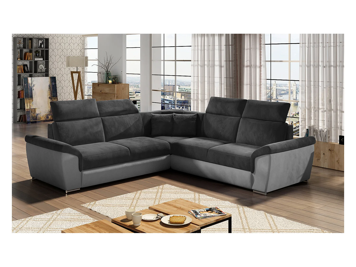 Canapé d'angle réversible et convertible velours Neo - Pieds acier chromé-Gris clair/Gris