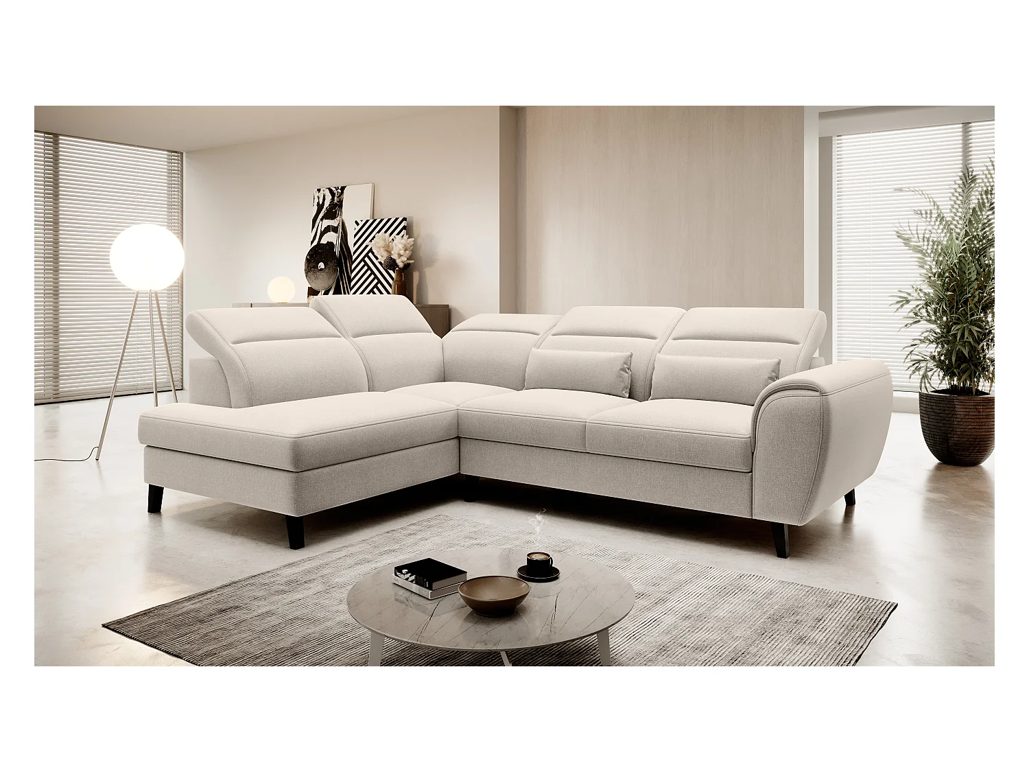 Canapé d'angle convertible avec rangement tissu NOBLESSE - Pieds bois noir-Beige clair-angle gauche