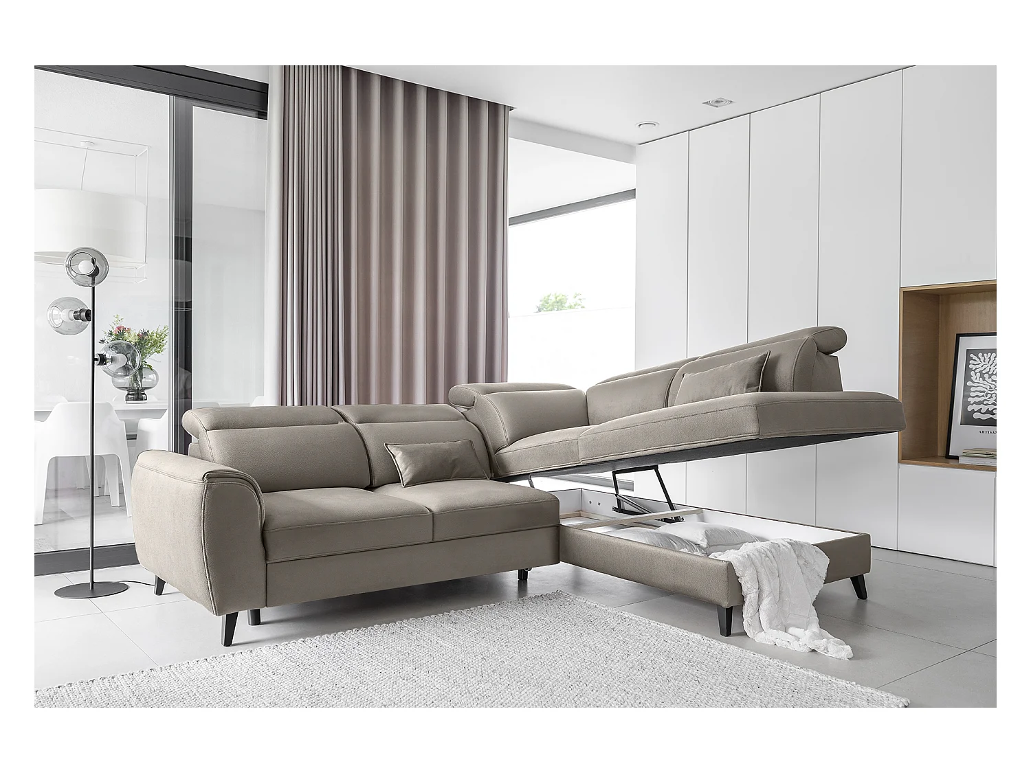 Canapé d'angle convertible avec rangement tissu NOBLESSE - Pieds bois noir-Beige clair-angle gauche