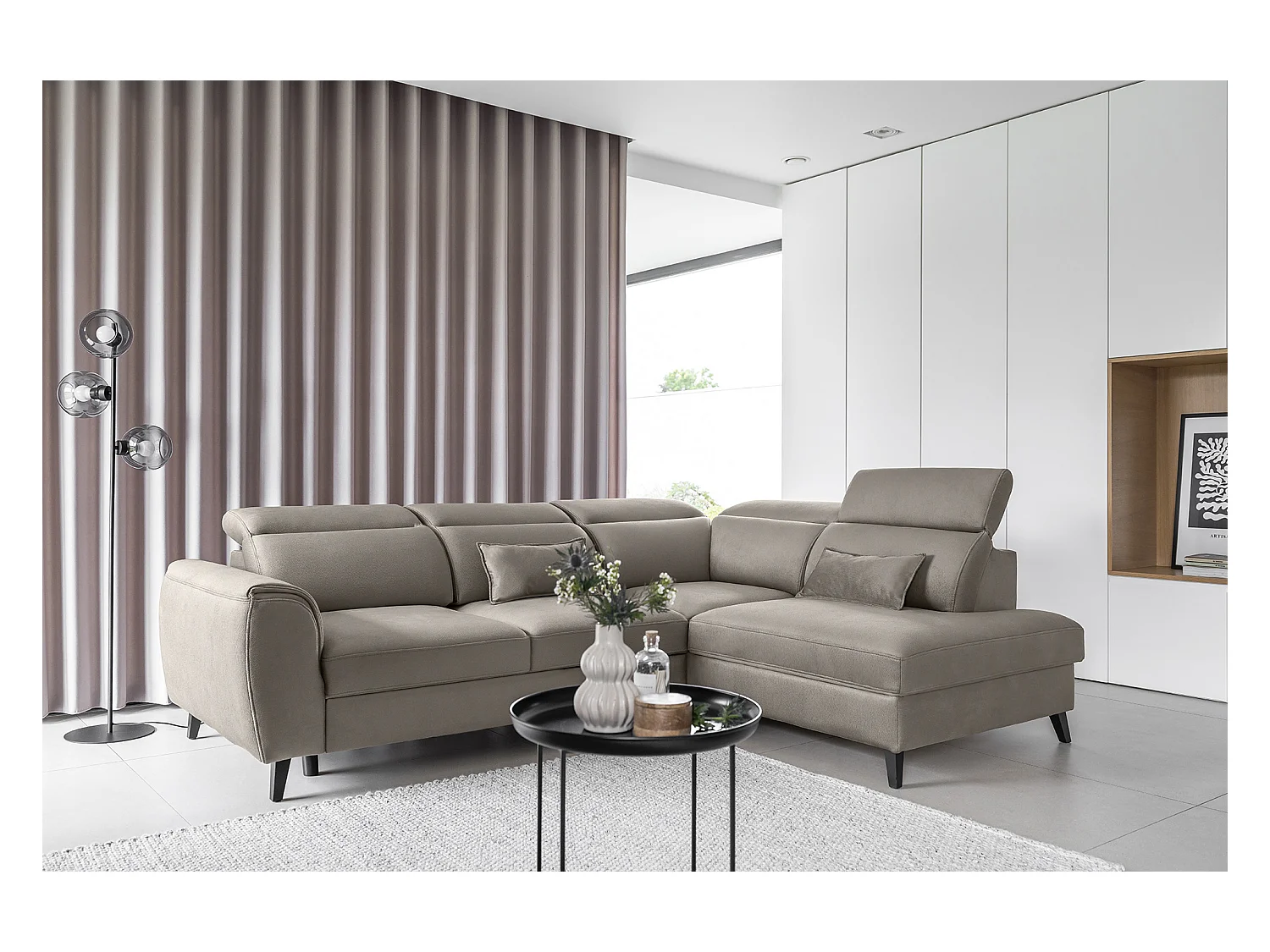 Canapé d'angle convertible avec rangement tissu NOBLESSE - Pieds bois noir-Beige clair-angle gauche