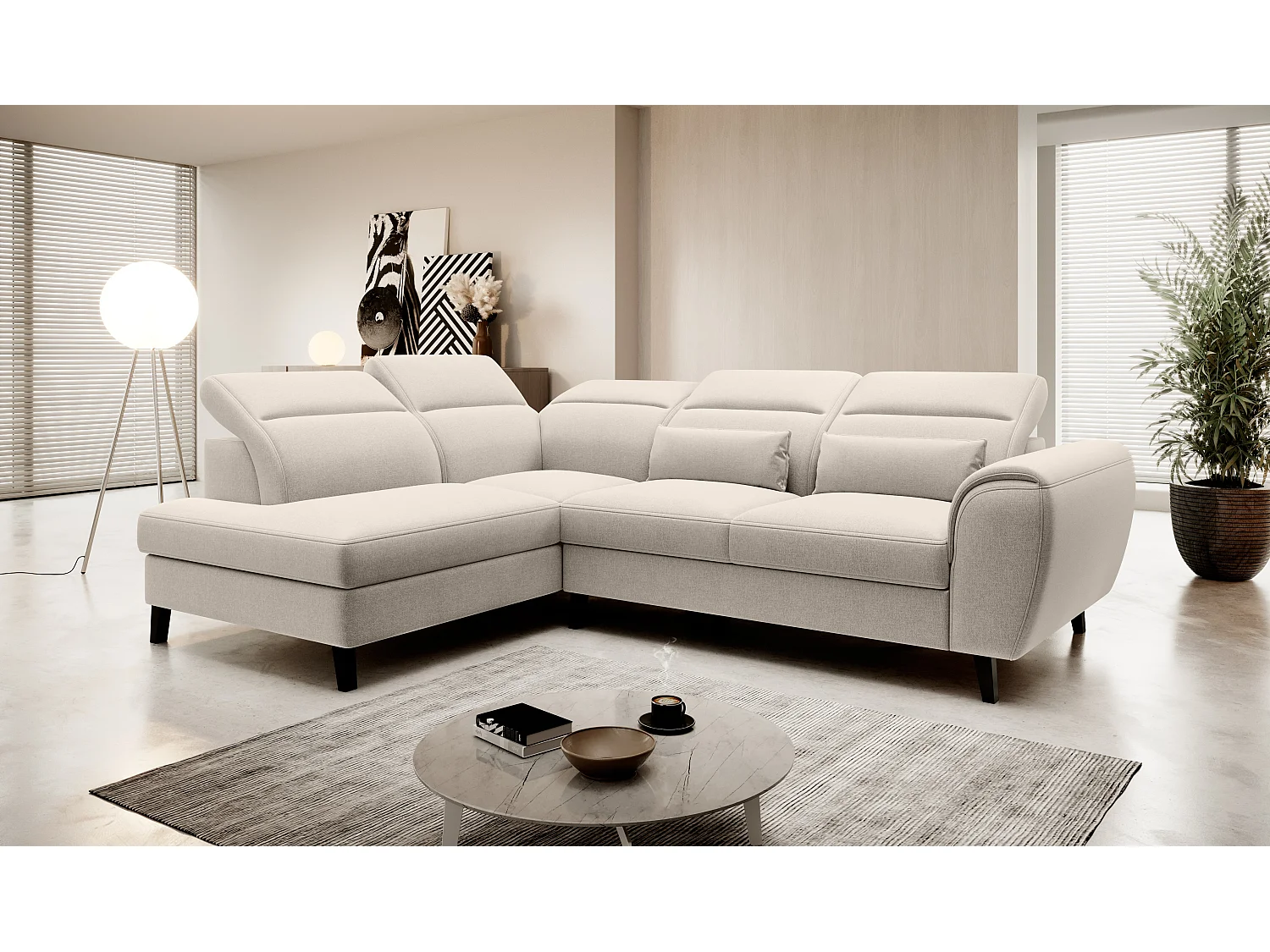 Canapé d'angle convertible avec rangement tissu NOBLESSE - Pieds bois noir-Beige clair-angle gauche