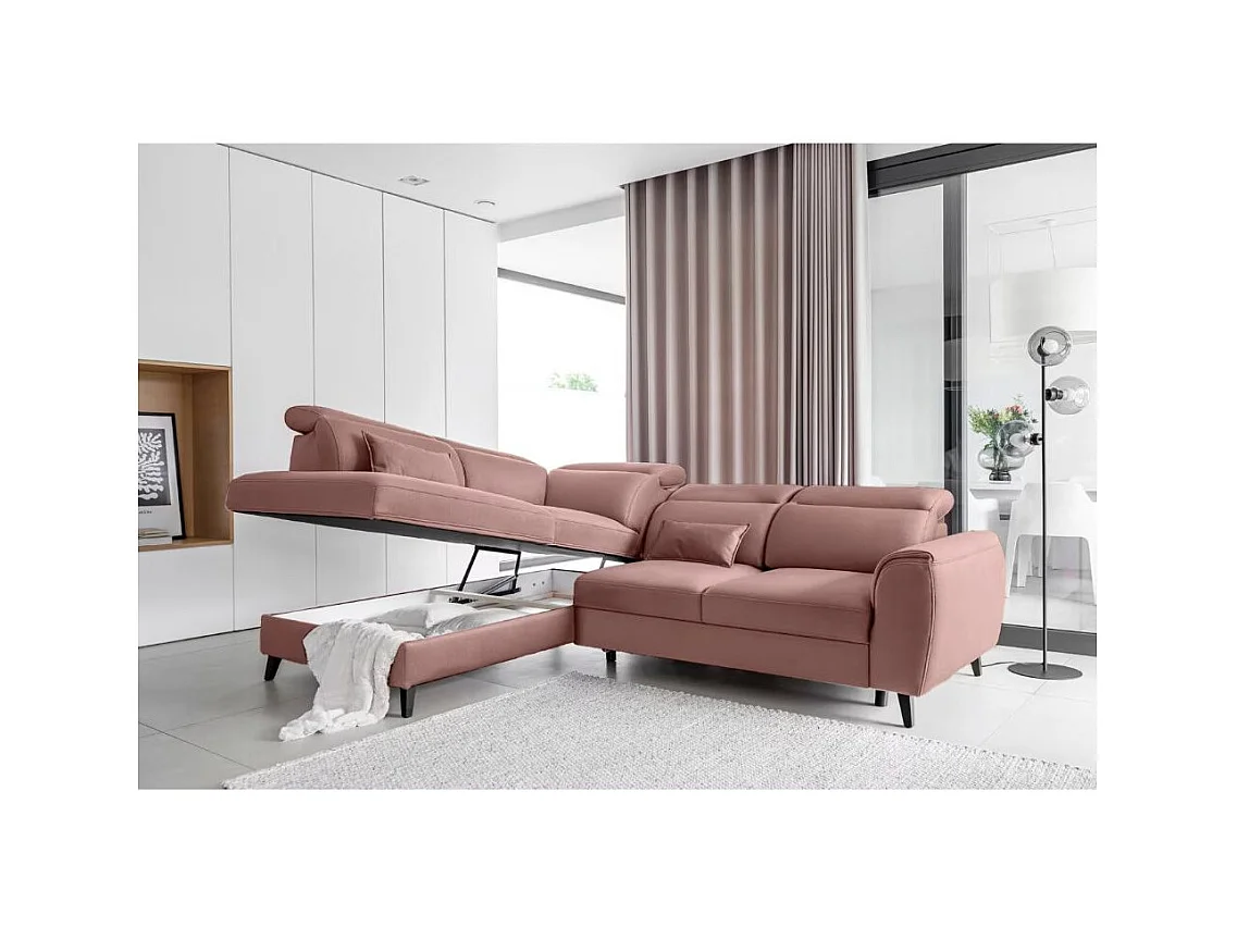 Canapé d'angle convertible avec rangement velours NOBLESSE - Pieds bois noir-Rose-angle gauche