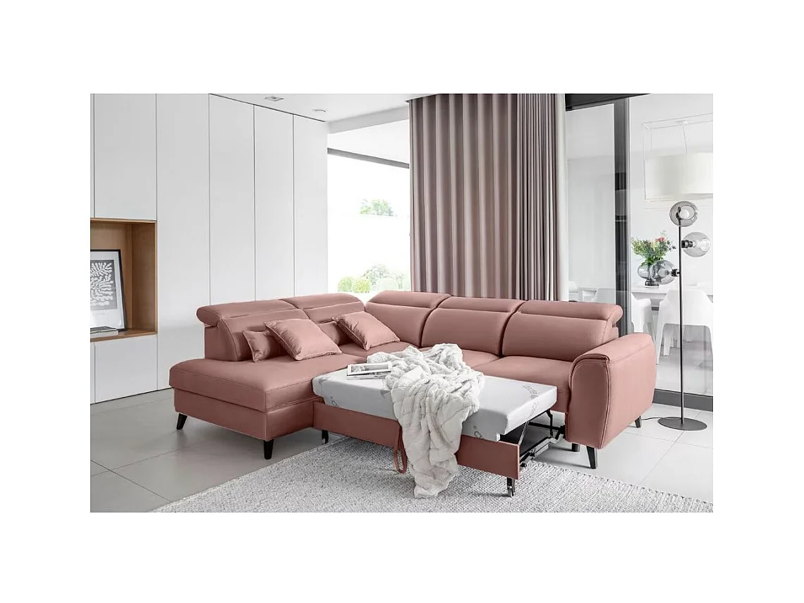 Canapé d'angle convertible avec rangement velours NOBLESSE - Pieds bois noir-Rose-angle gauche