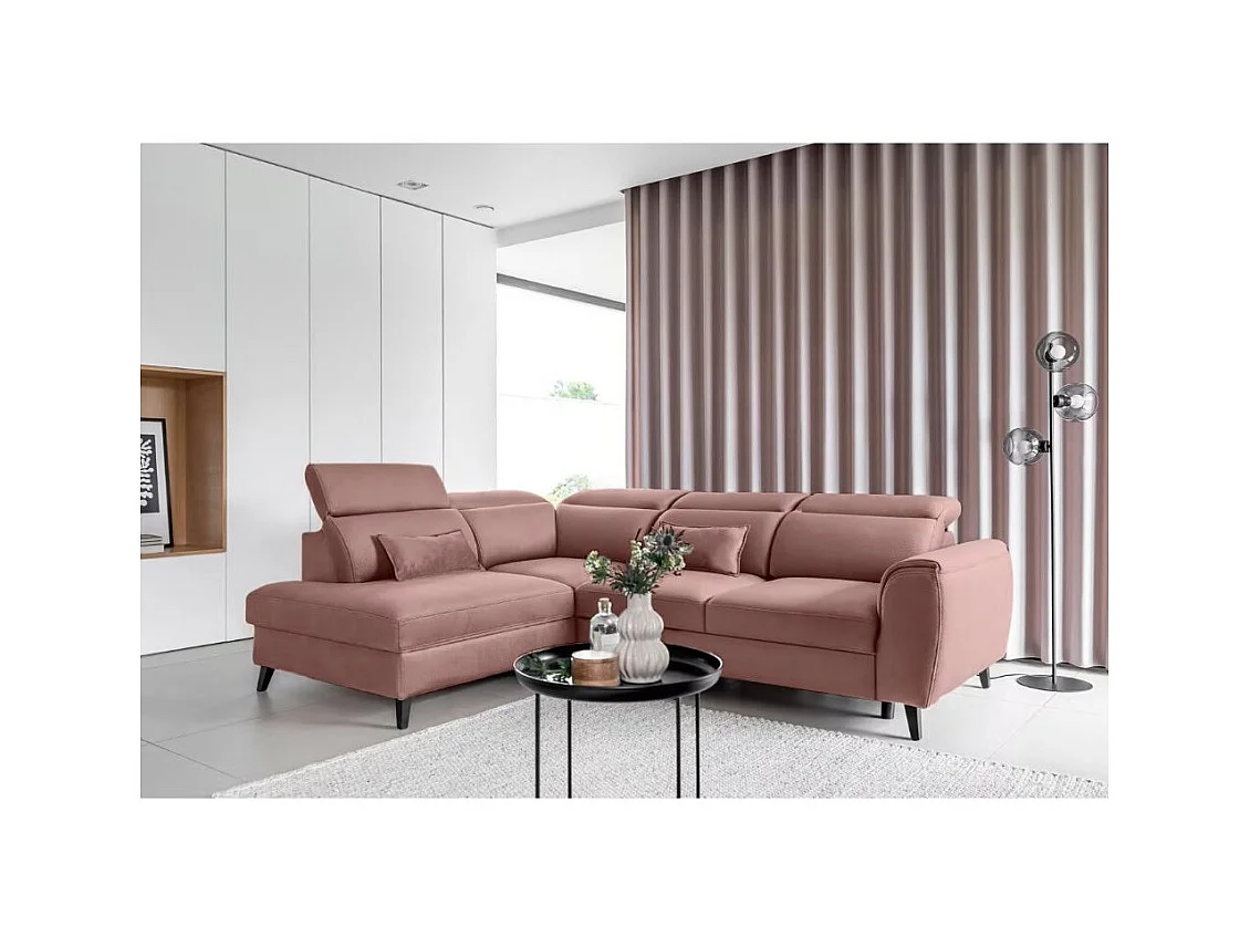 Canapé d'angle convertible avec rangement velours NOBLESSE - Pieds bois noir-Rose-angle gauche